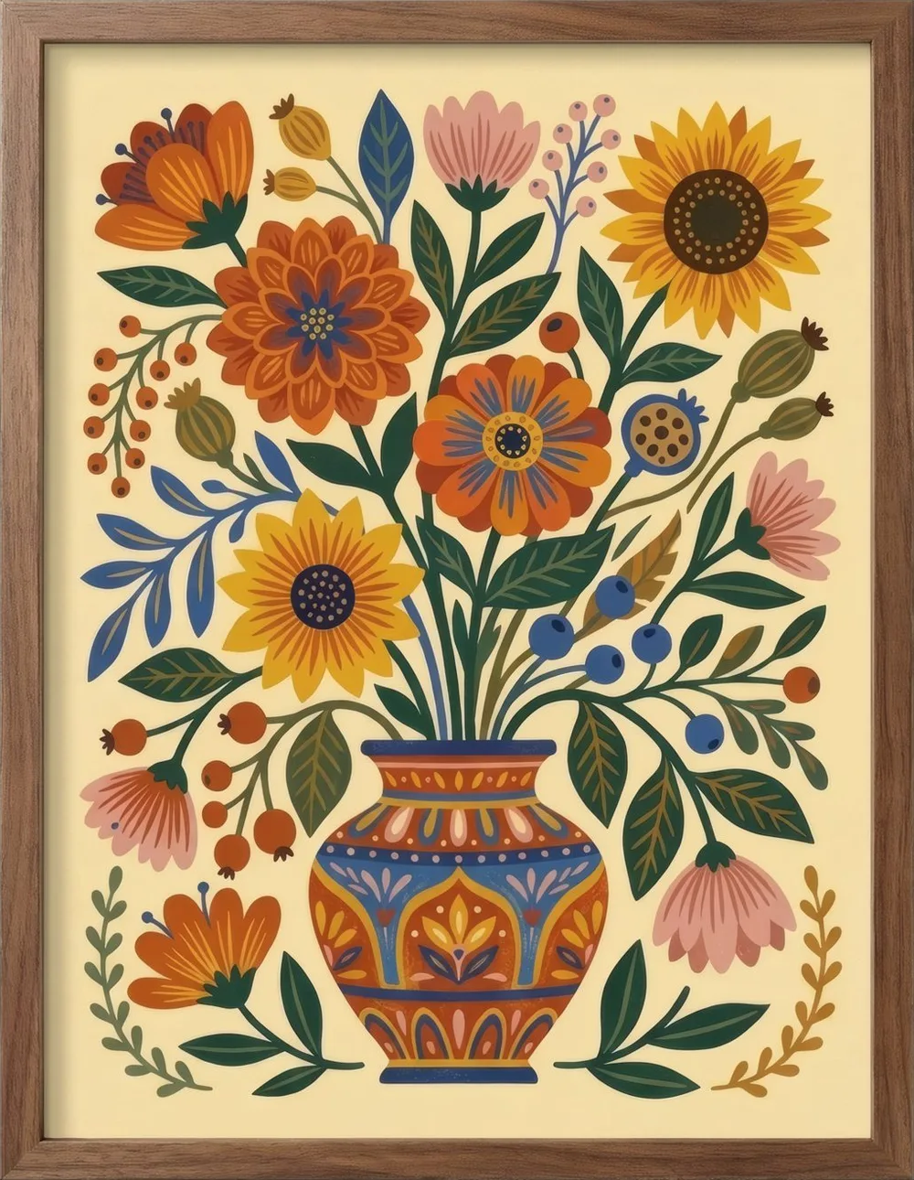 Sunflowers and poppies in a blue patterned vase, folk art style.