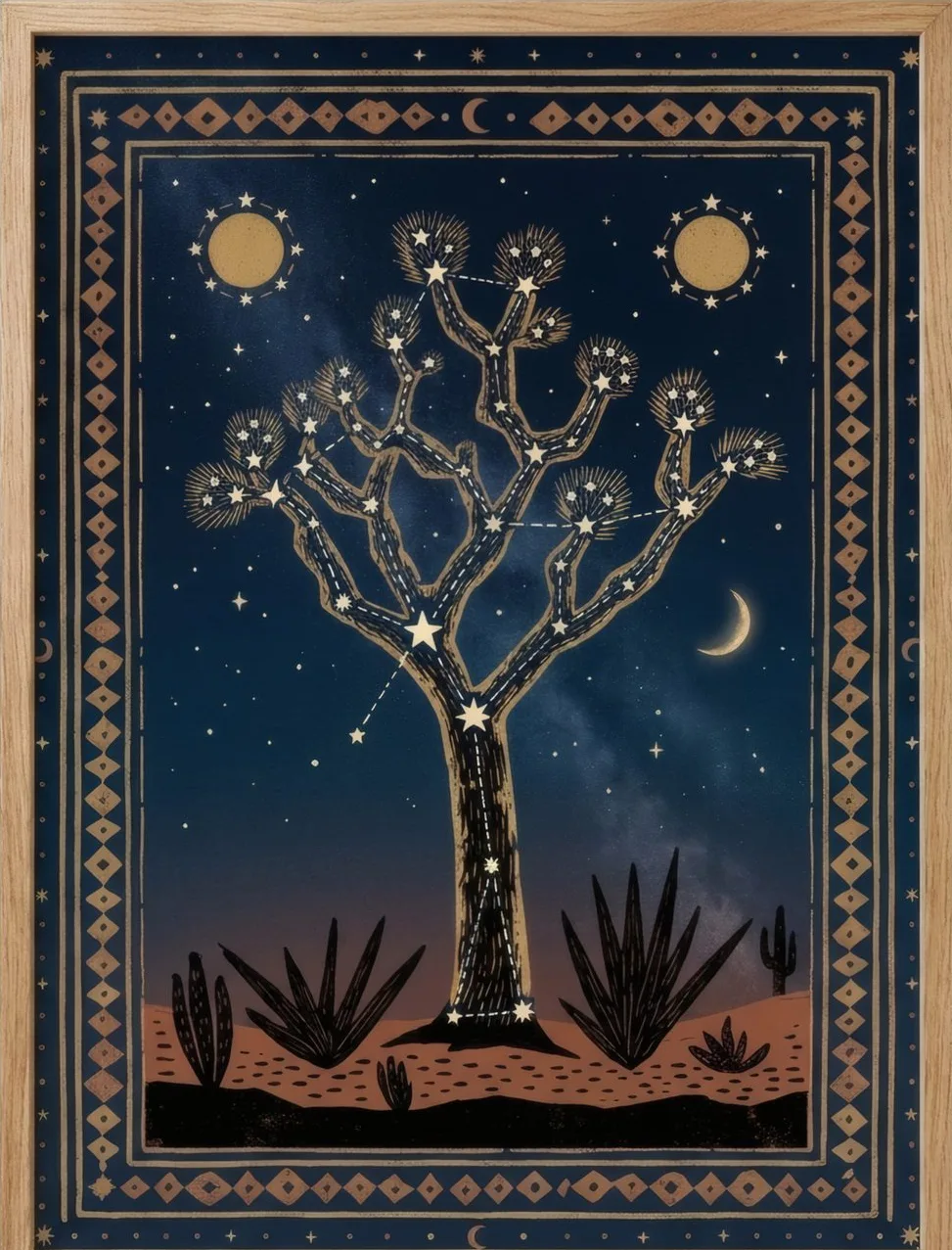 A desert tree drawn as a constellation on deep navy.