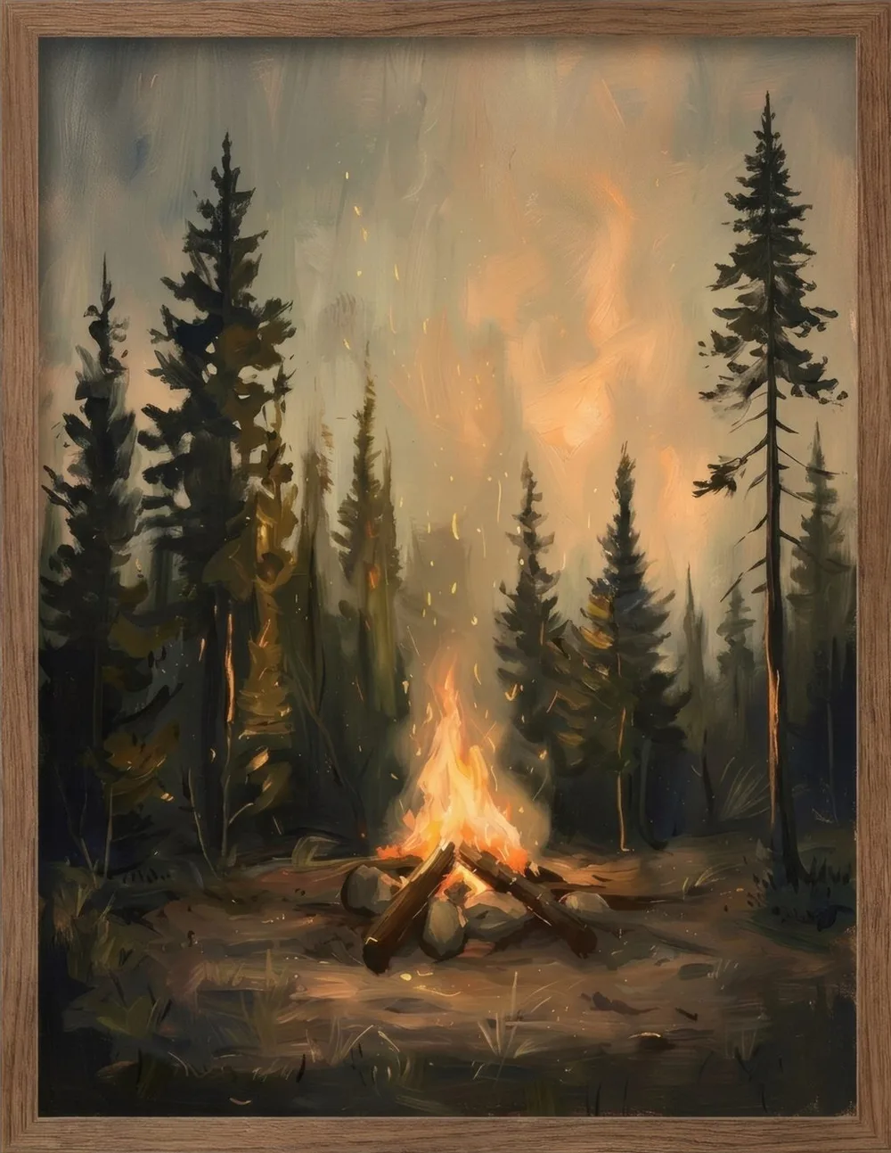 A campfire burning between tall pines at dusk.