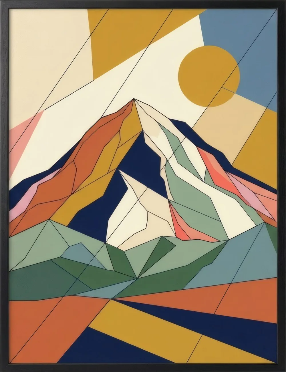 A mountain built from faceted colour planes: cream, teal, ochre and navy.