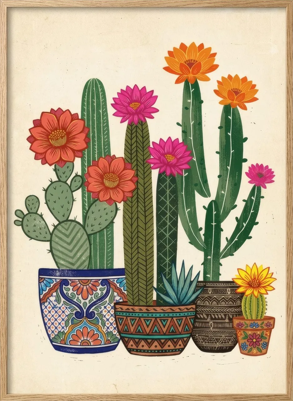 Flowering cacti in patterned folk pots.