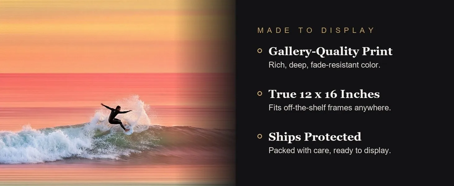 Made to display: gallery-quality print, true 12 x 16 inches, ships protected.