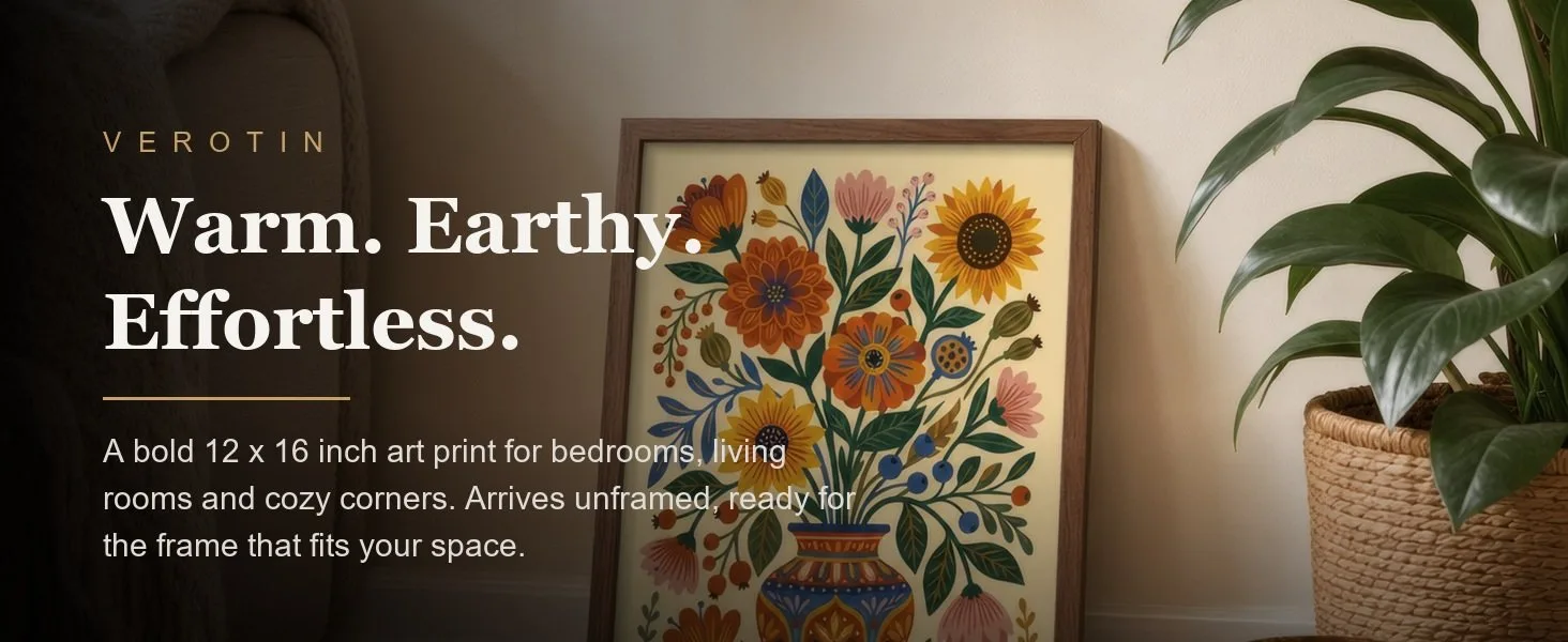 Folk Bouquet in a styled room. Arrives unframed, 12 x 16 in.