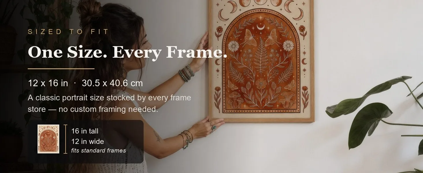 Sized to fit: 12 x 16 in, 30.5 x 40.6 cm, a standard portrait size stocked by every frame store.