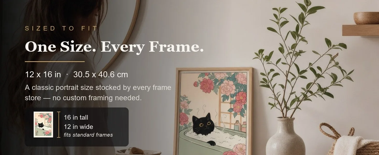 Sized to fit: 12 x 16 in, 30.5 x 40.6 cm, a standard portrait size stocked by every frame store.