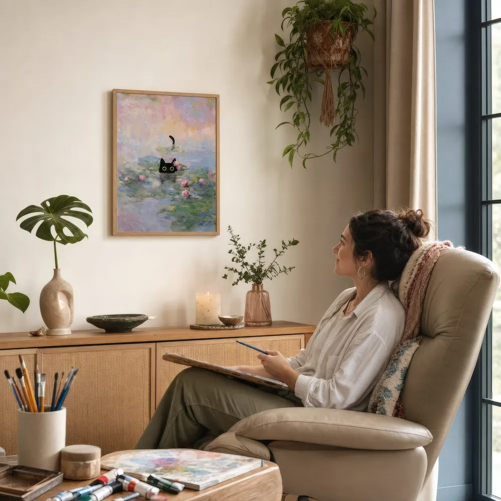 Cat at the Lily Pond: Styled room, from the listing. Frame not included