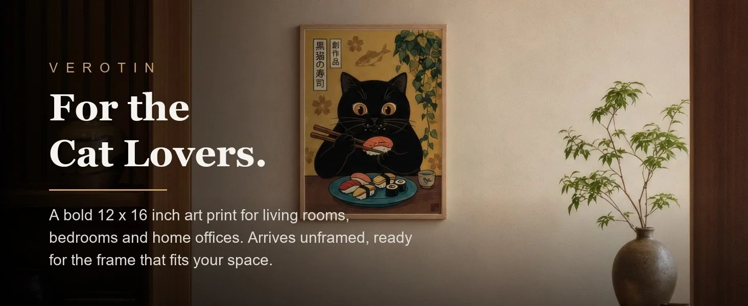 Sushi Cat in a styled room. Arrives unframed, 12 x 16 in.