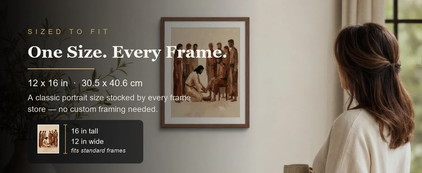 Sized to fit: 12 x 16 in, 30.5 x 40.6 cm, a standard portrait size stocked by every frame store.
