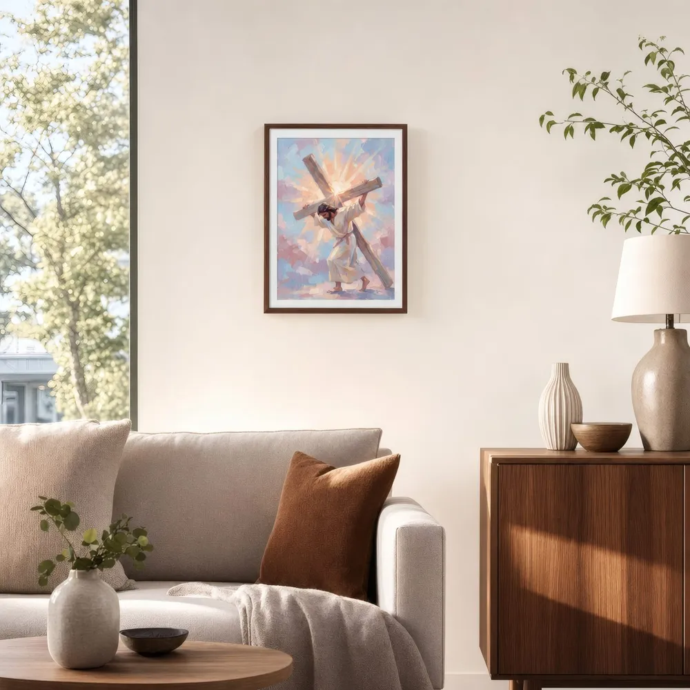 Carrying the Cross: Styled room, from the listing. Frame not included