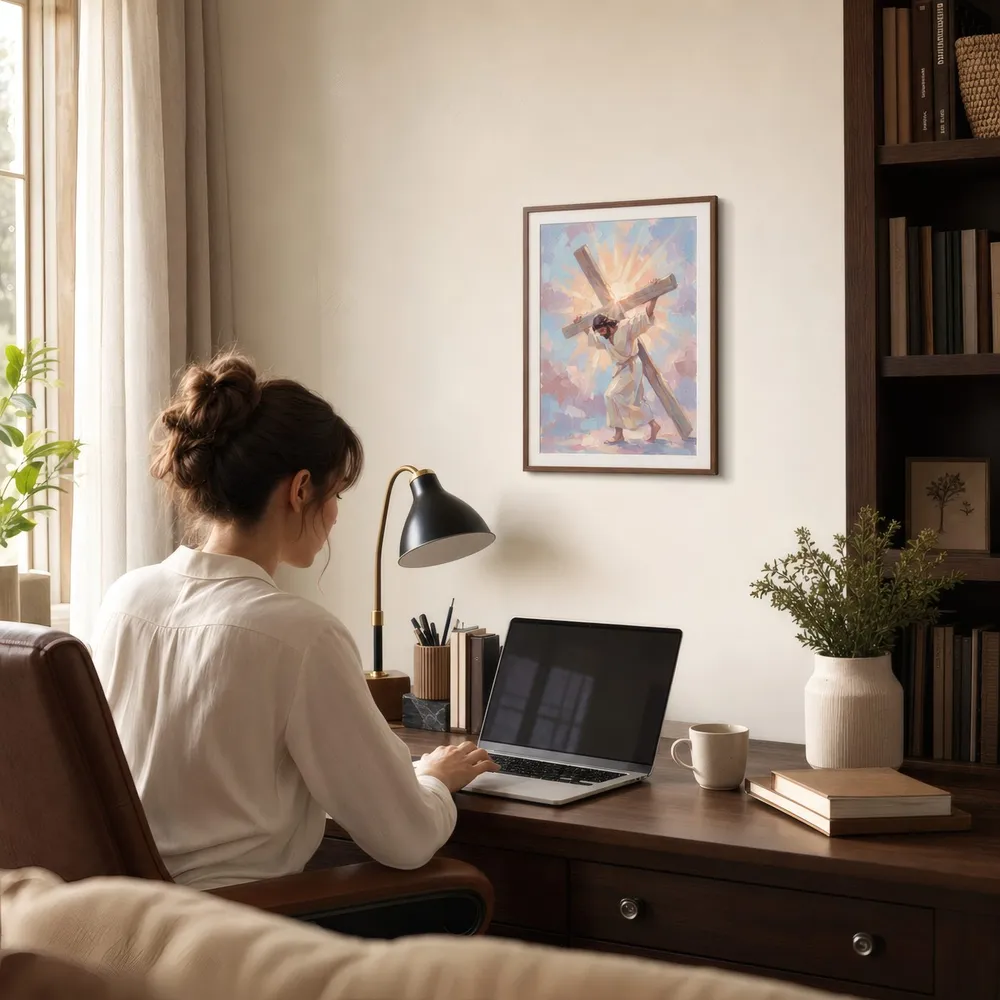 Carrying the Cross: Styled room, from the listing. Frame not included