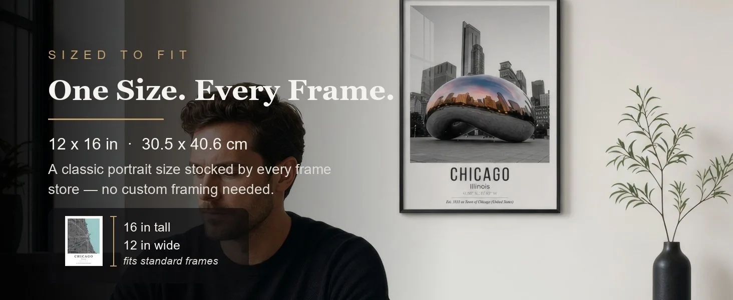 Sized to fit: 12 x 16 in, 30.5 x 40.6 cm, a standard portrait size stocked by every frame store.