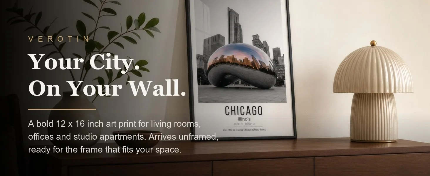 Chicago in a styled room. Arrives unframed, 12 x 16 in.