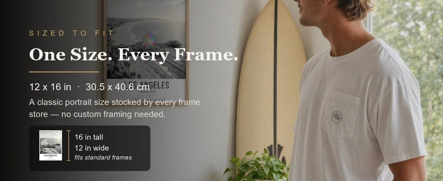 Sized to fit: 12 x 16 in, 30.5 x 40.6 cm, a standard portrait size stocked by every frame store.