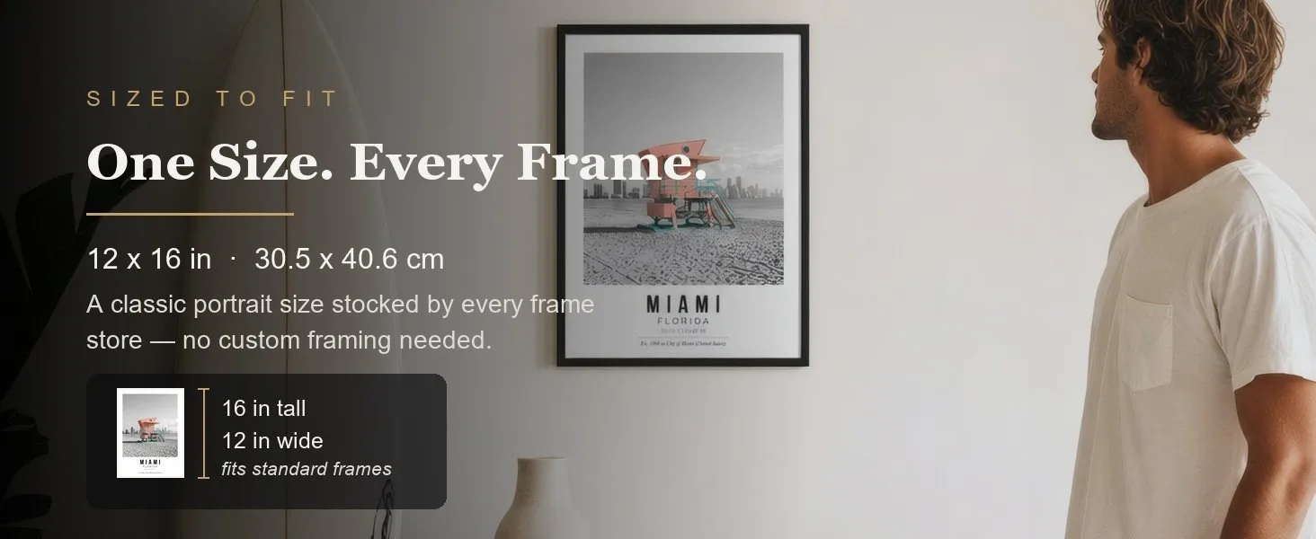 Sized to fit: 12 x 16 in, 30.5 x 40.6 cm, a standard portrait size stocked by every frame store.