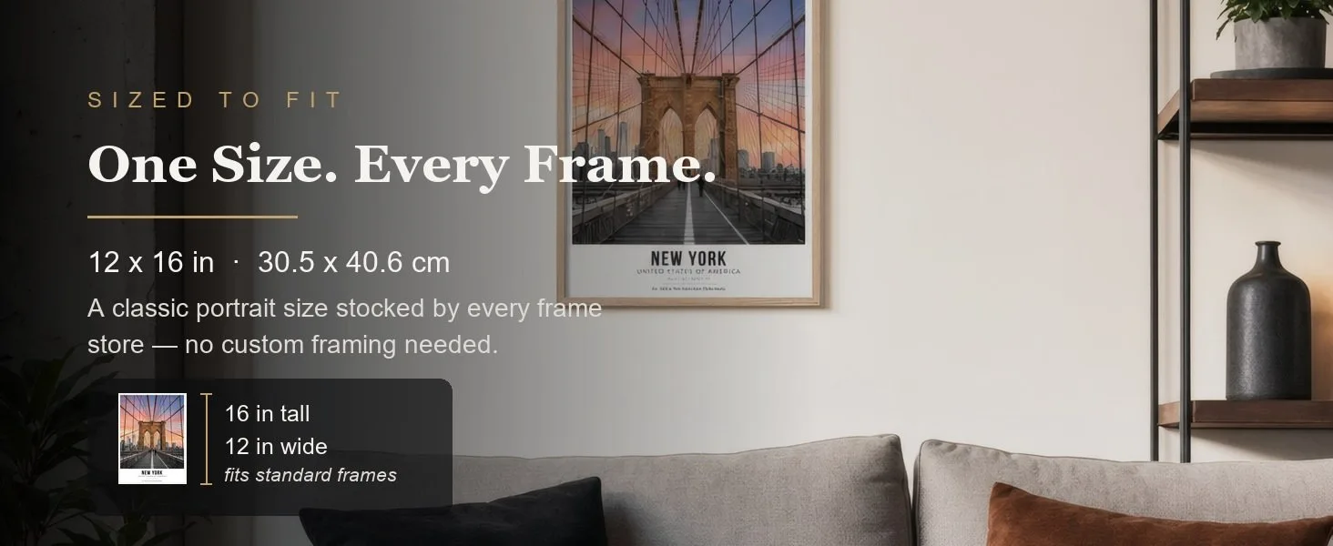 Sized to fit: 12 x 16 in, 30.5 x 40.6 cm, a standard portrait size stocked by every frame store.
