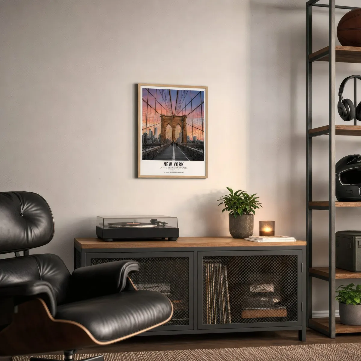 Brooklyn Bridge: Styled room, from the listing. Frame not included