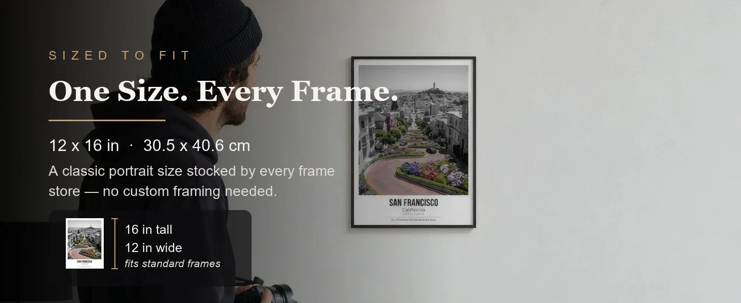 Sized to fit: 12 x 16 in, 30.5 x 40.6 cm, a standard portrait size stocked by every frame store.