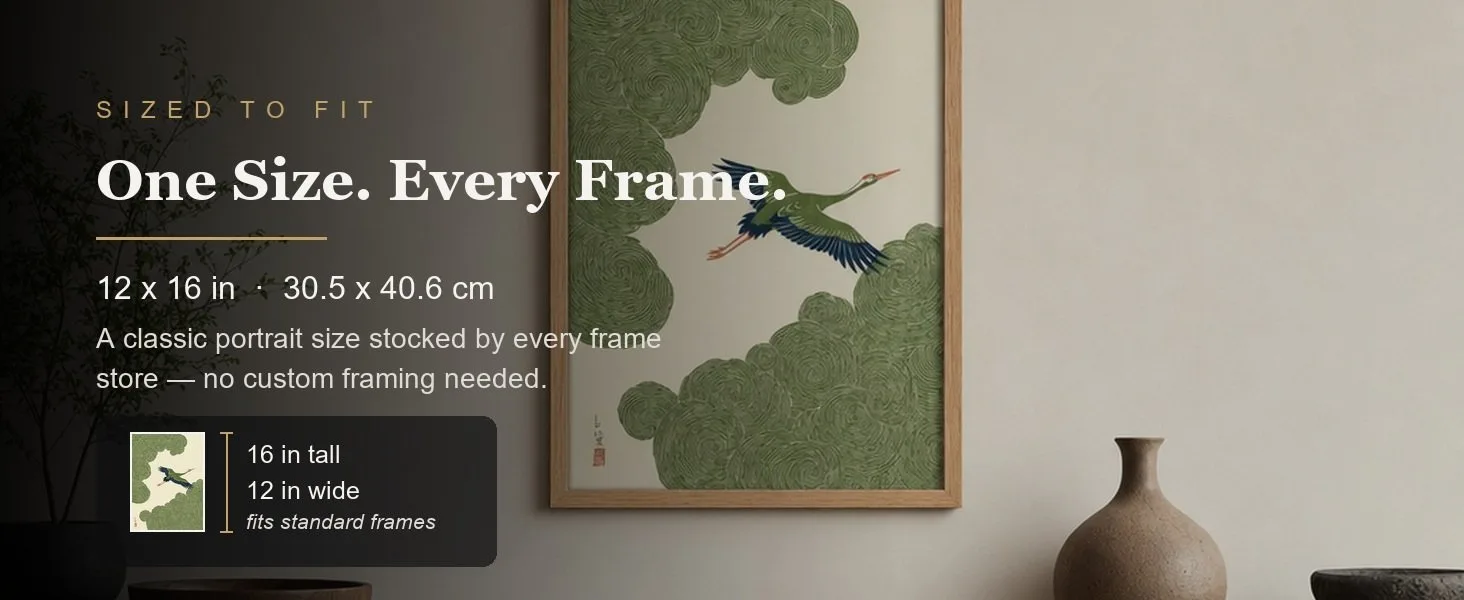 Sized to fit: 12 x 16 in, 30.5 x 40.6 cm, a standard portrait size stocked by every frame store.