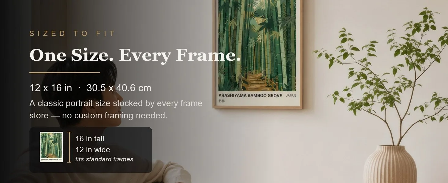 Sized to fit: 12 x 16 in, 30.5 x 40.6 cm, a standard portrait size stocked by every frame store.