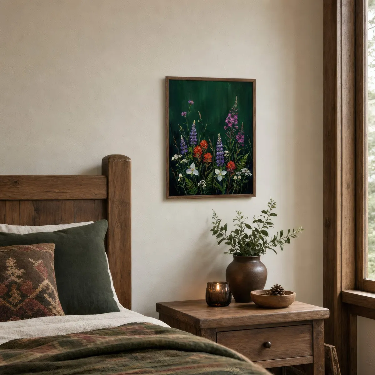 A bedroom with a VeroTin art print on the wall.