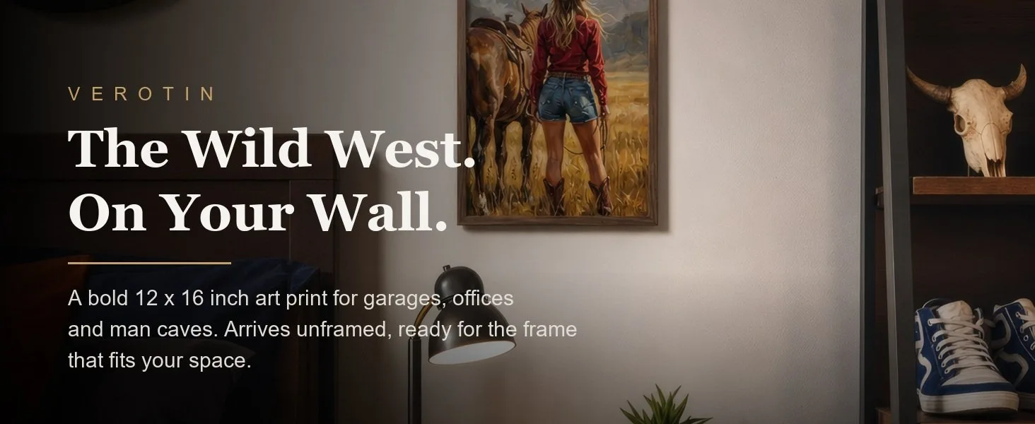 Cowgirl in a styled room. Arrives unframed, 12 x 16 in.