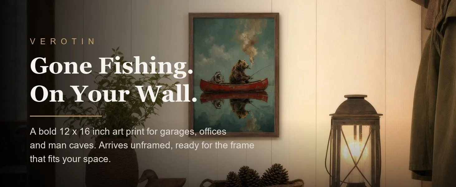 Bear Fishing in a styled room. Arrives unframed, 12 x 16 in.