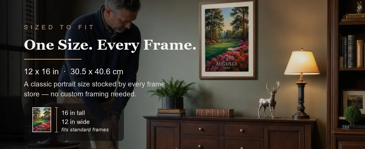Sized to fit: 12 x 16 in, 30.5 x 40.6 cm, a standard portrait size stocked by every frame store.