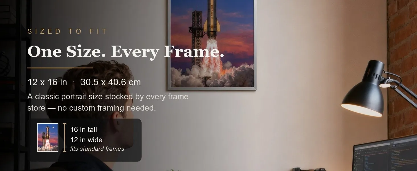 Sized to fit: 12 x 16 in, 30.5 x 40.6 cm, a standard portrait size stocked by every frame store.