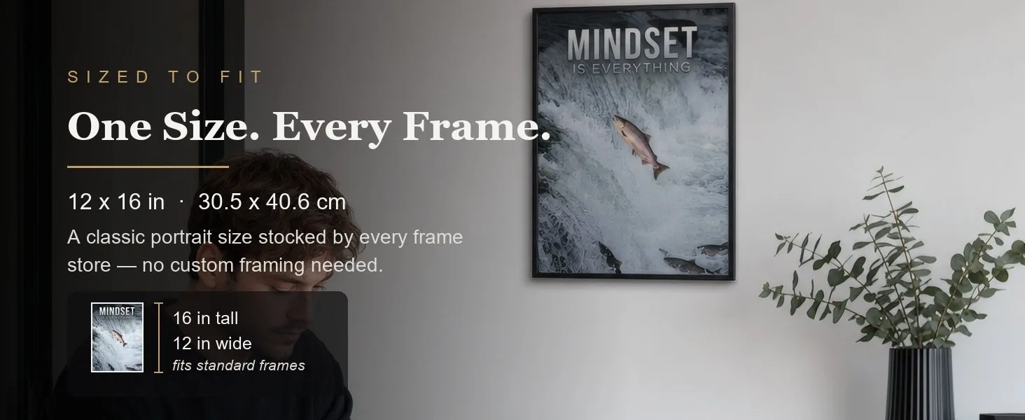 Sized to fit: 12 x 16 in, 30.5 x 40.6 cm, a standard portrait size stocked by every frame store.