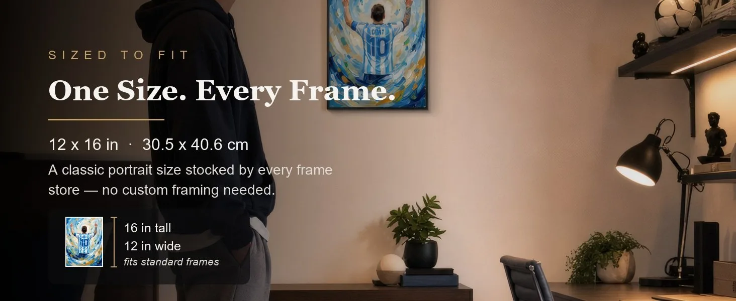 Sized to fit: 12 x 16 in, 30.5 x 40.6 cm, a standard portrait size stocked by every frame store.