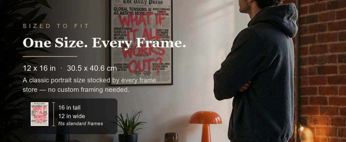 Sized to fit: 12 x 16 in, 30.5 x 40.6 cm, a standard portrait size stocked by every frame store.